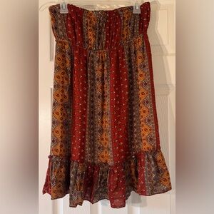 Rue 21 Rust and Orange Boho patterned strapless mini dress